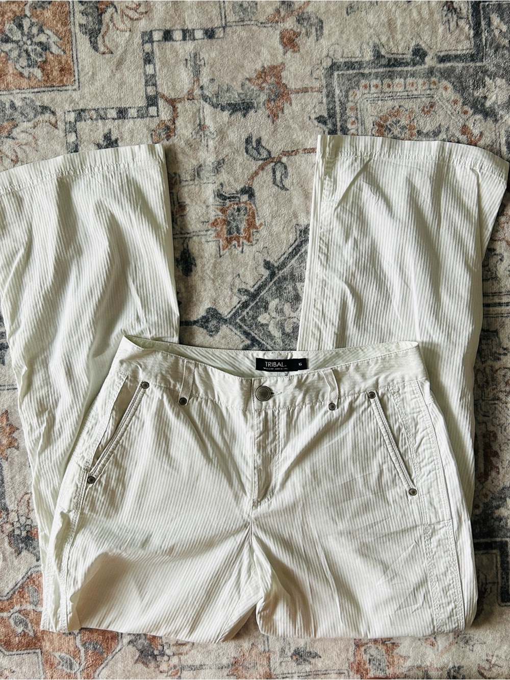 Tribal Women's Cream Pinstripe Flare Jeans